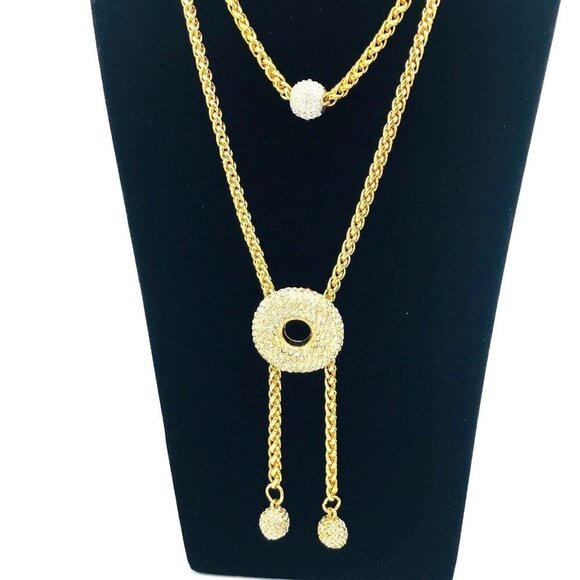 Vintage 1980's Chic Style Clear Crystal Gold Tone Layering Necklaces 16" & 18" - Picture 2 of 3